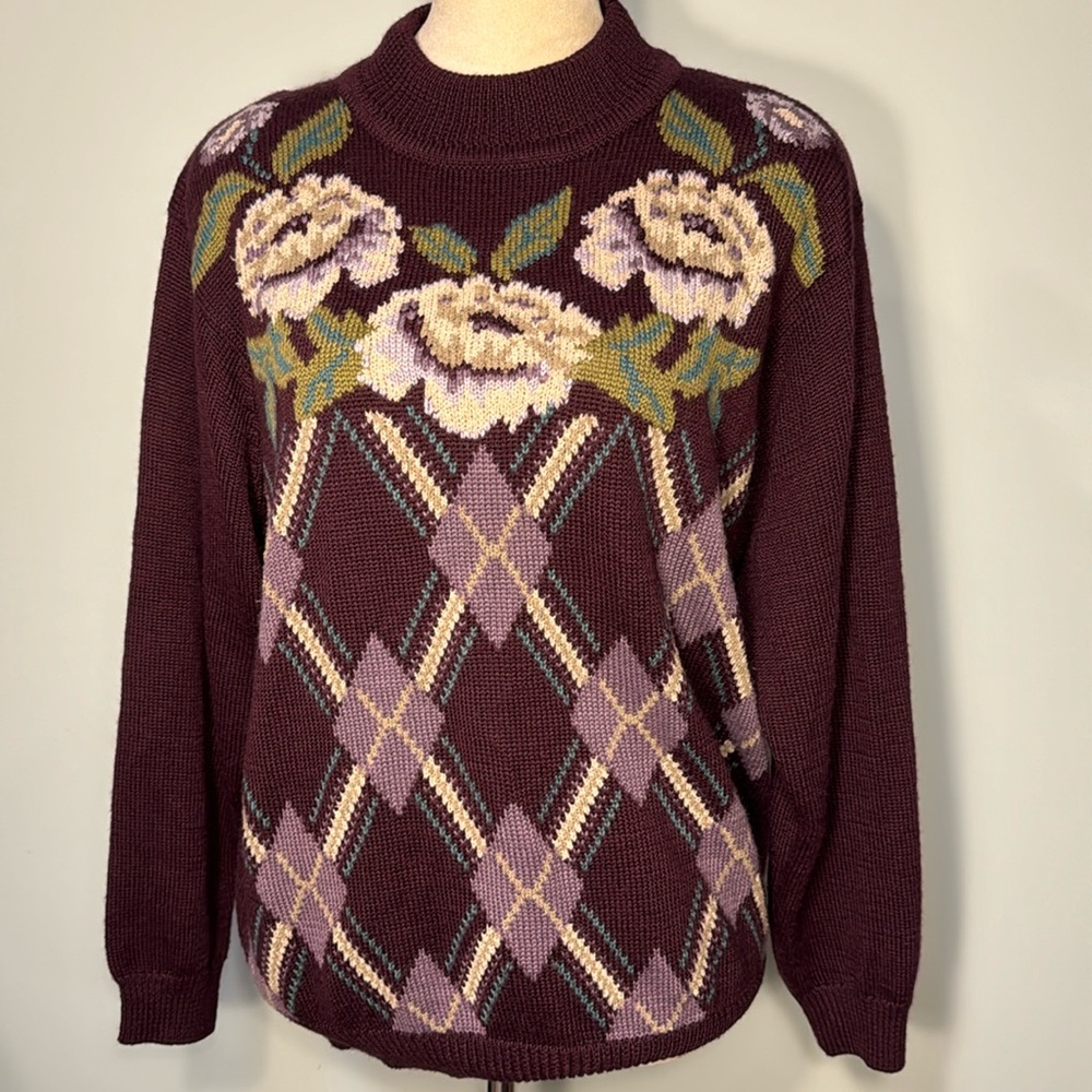 Alfred Dunner purple floral wool blend sweater Size L